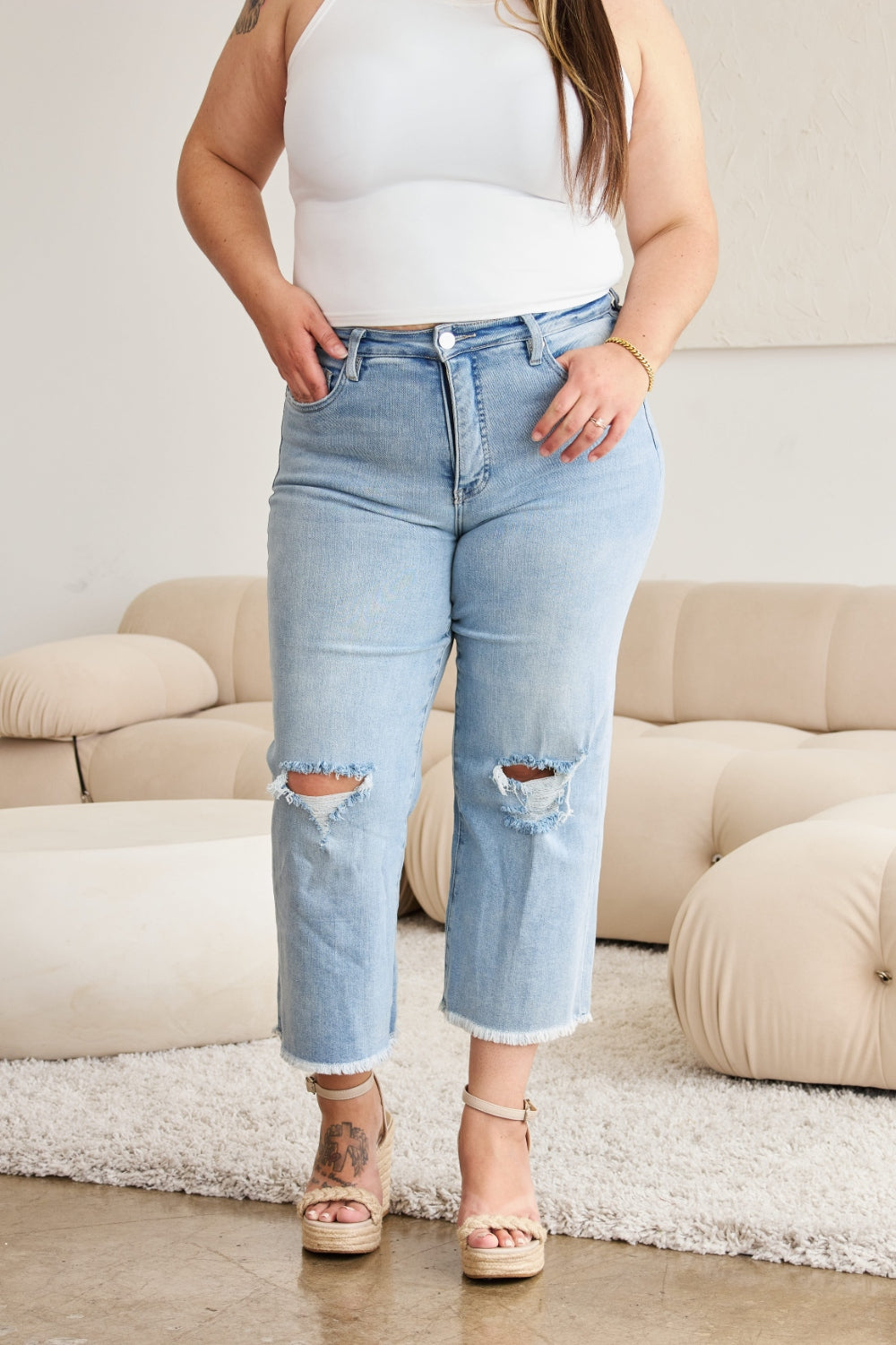 RFM Full Size Tummy Control High Waist Raw Hem Distressed Cropped Jeans