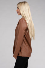 Women's Sleek Pu Leather Blazer with Front Closure