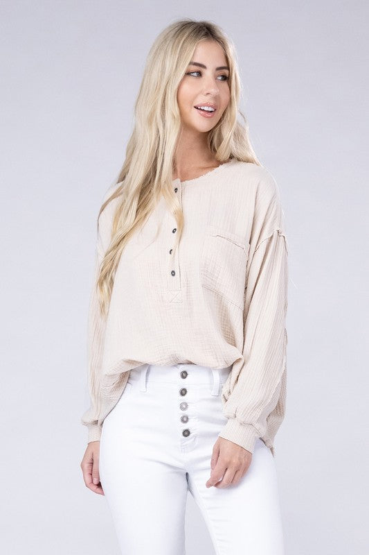 Double Gauze Oversized Henley Women's Blouse