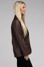 Women's Sleek Pu Leather Blazer with Front Closure