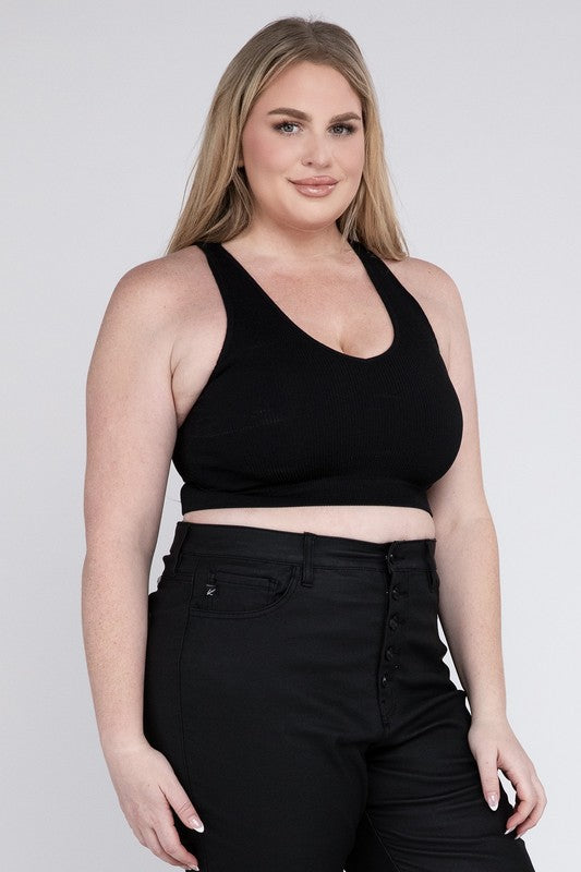 Black Plus Ribbed Cropped Racerback Tank Top