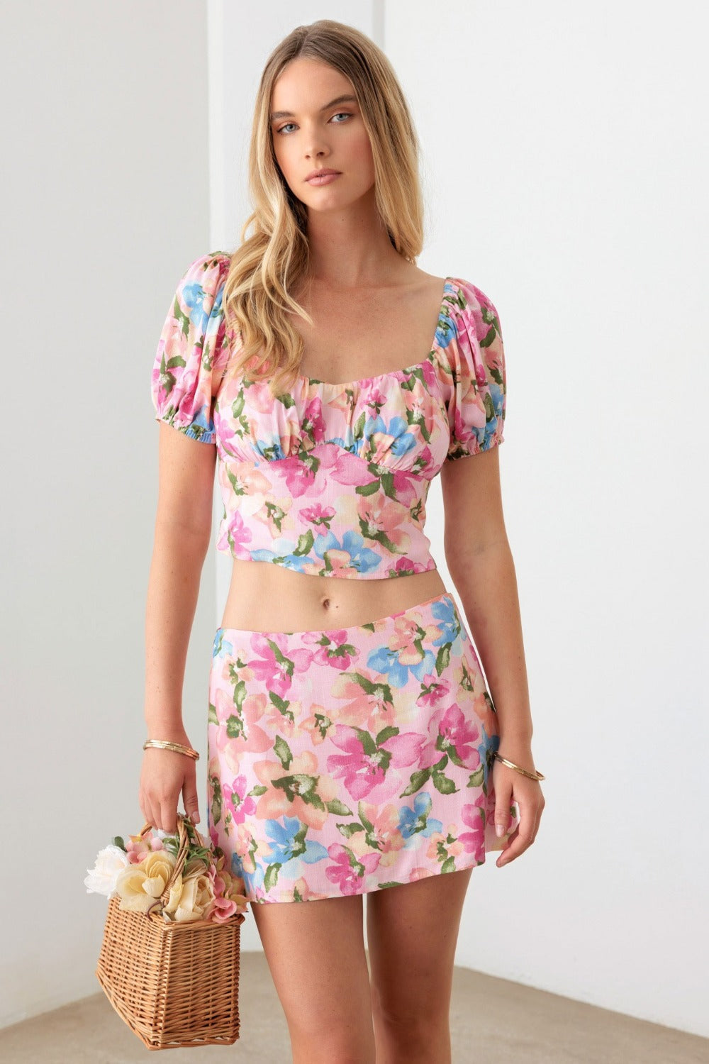 Le Lis Floral Puff Sleeve Crop Top and Mini Skirt Set