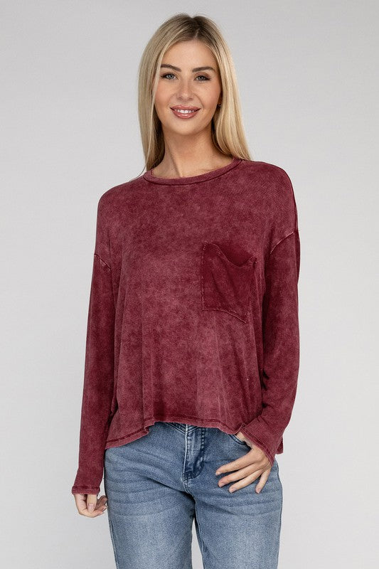 ZENANA Washed Ribbed Dolman Sleeve Round Neck Top