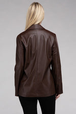 Women's Sleek Pu Leather Blazer with Front Closure