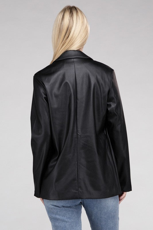 Women's Sleek Pu Leather Blazer with Front Closure