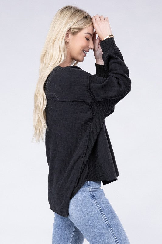 Double Gauze Oversized Henley Women's Blouse