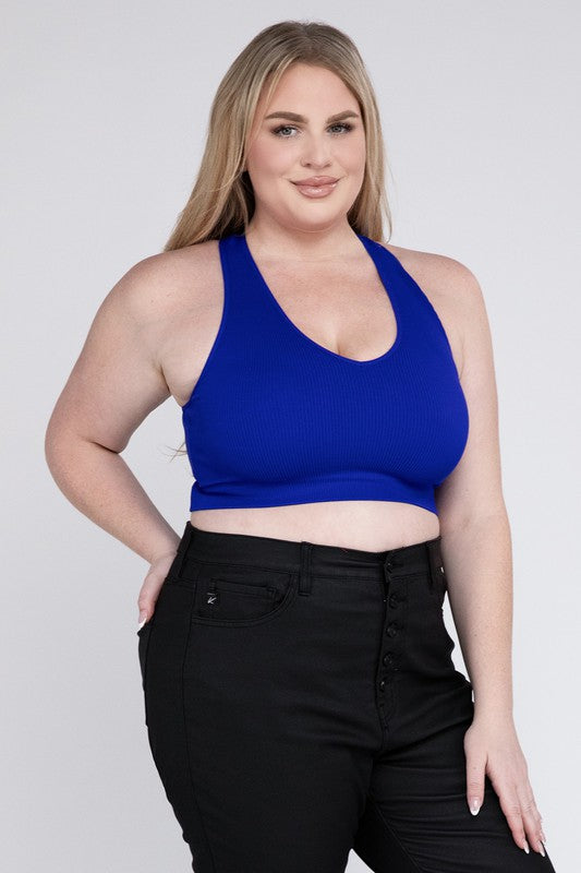 Navy Plus Ribbed Cropped Racerback Tank Top