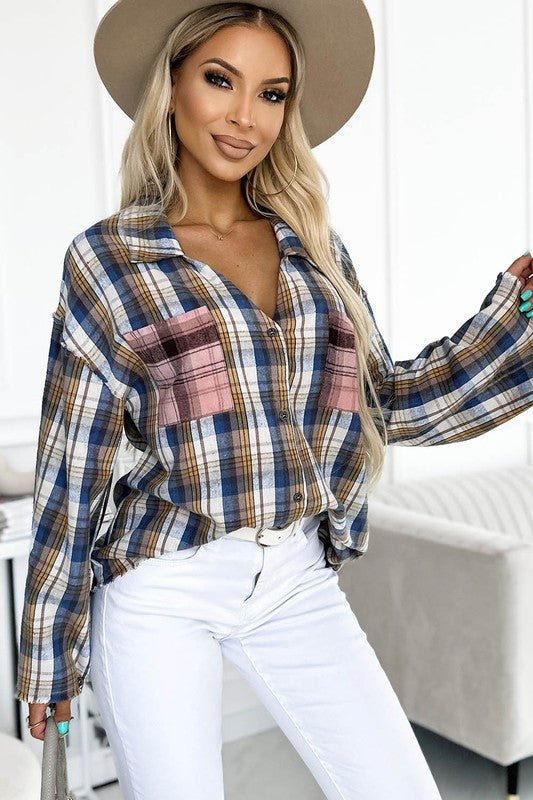 Women Plaid Pattern Asymmetric Buttons Shirt