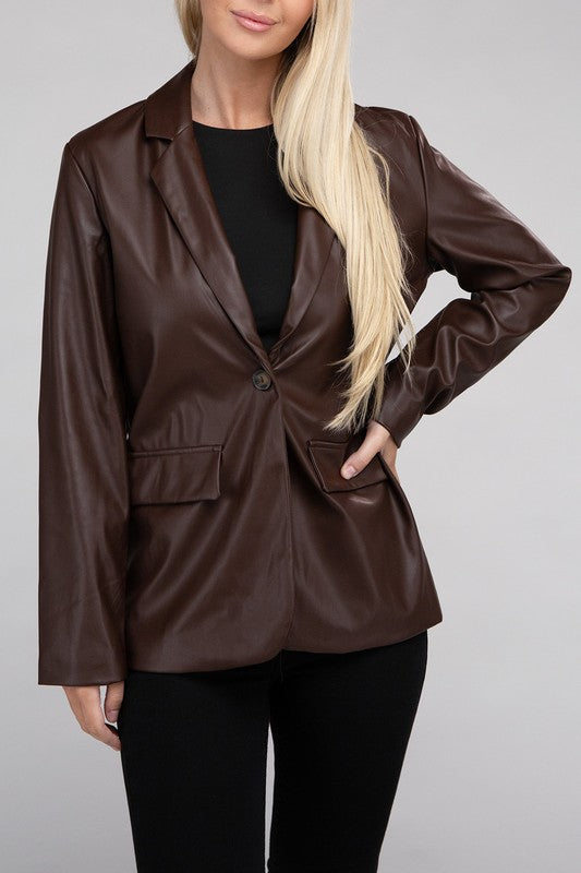 Women's Sleek Pu Leather Blazer with Front Closure