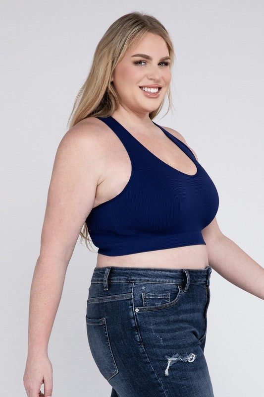 Blue Plus Ribbed Cropped Racerback Tank Top