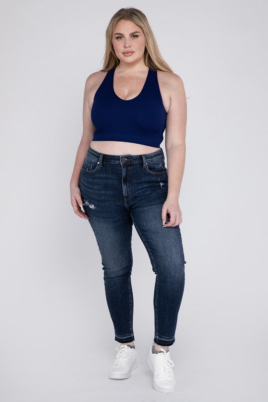 Blue Plus Ribbed Cropped Racerback Tank Top