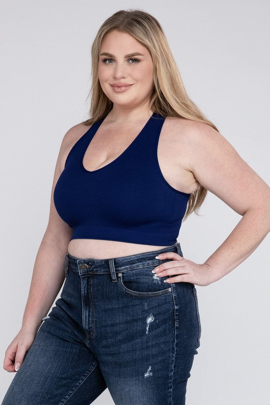 Blue Plus Ribbed Cropped Racerback Tank Top