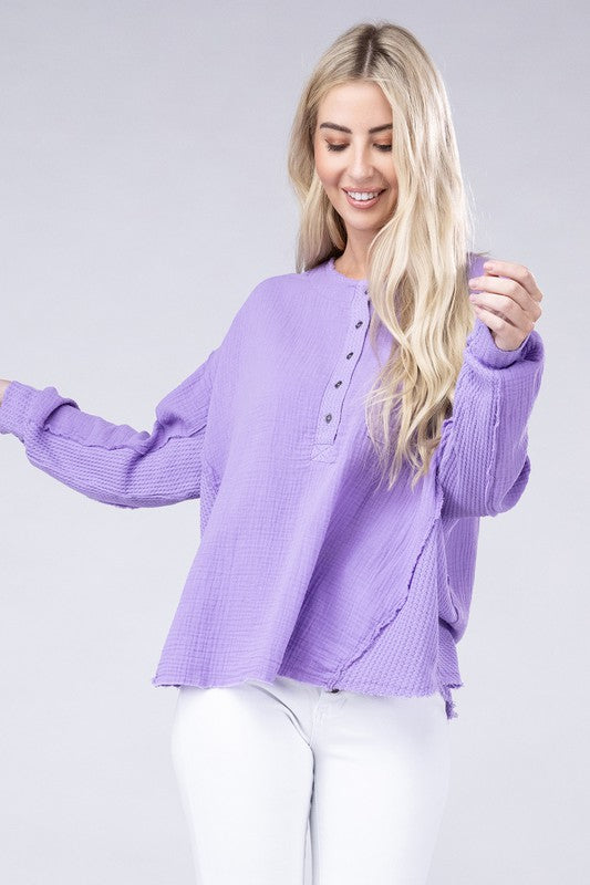 Double Gauze Oversized Henley Women's Blouse