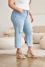 RFM Full Size Tummy Control High Waist Raw Hem Distressed Cropped Jeans