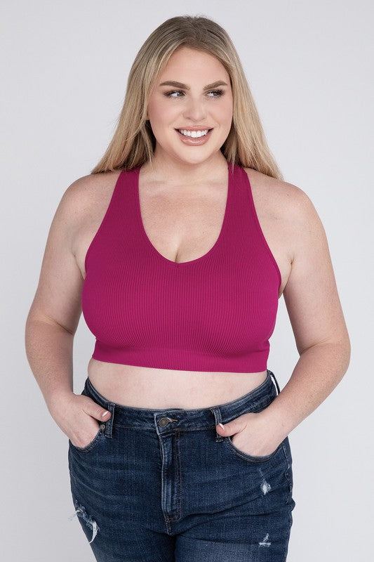 Pink Plus Ribbed Cropped Racerback Tank Top