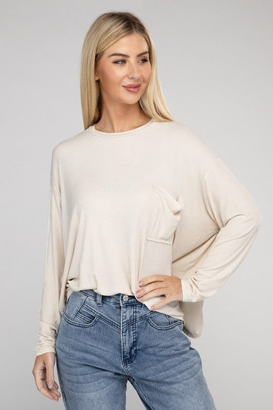 ZENANA Washed Ribbed Dolman Sleeve Round Neck Top