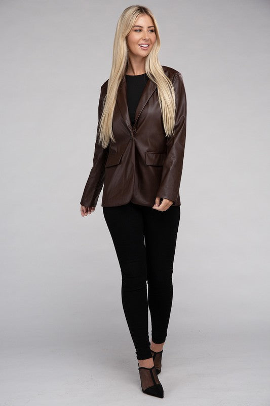 Women's Sleek Pu Leather Blazer with Front Closure