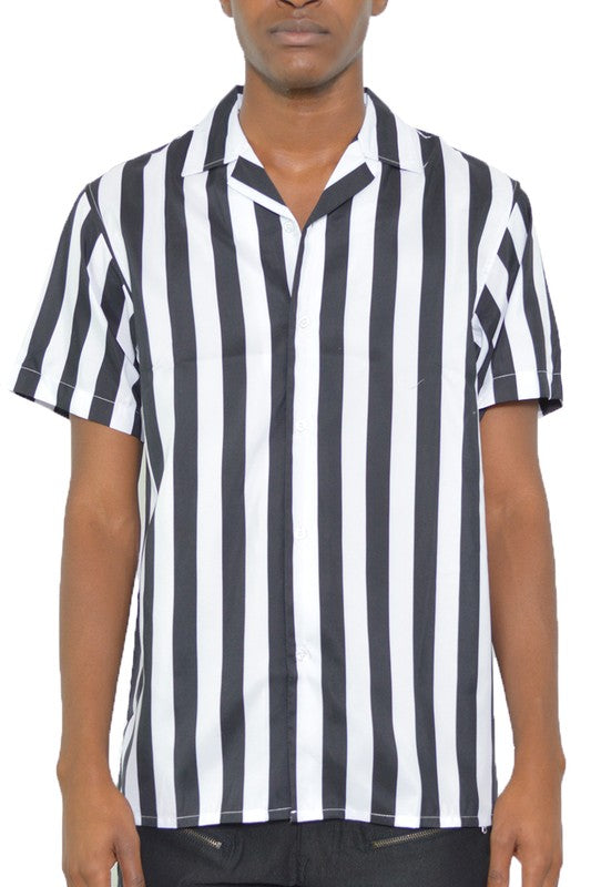 Mens Short Sleeve Striped Button Down Print Shirt