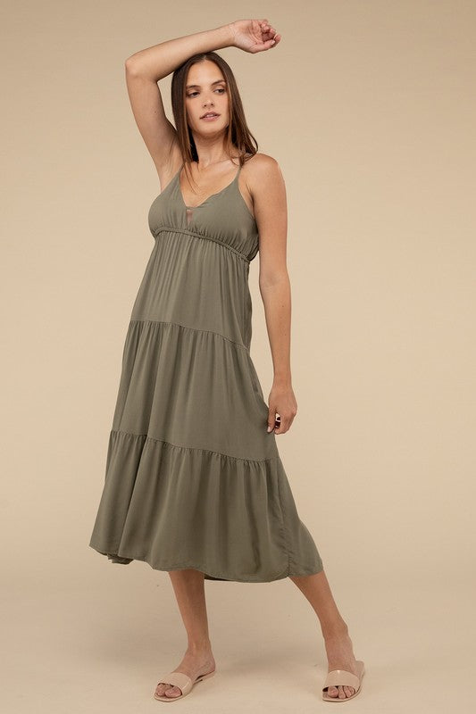 Women's Woven Sweetheart Neckline Tiered Cami Midi Dress