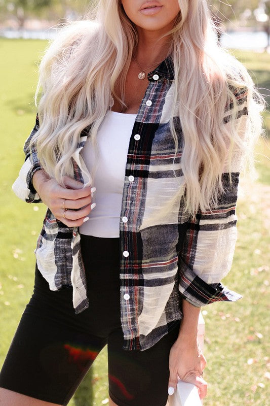 Women Distressed Raw Edge Plaid Print Shirt