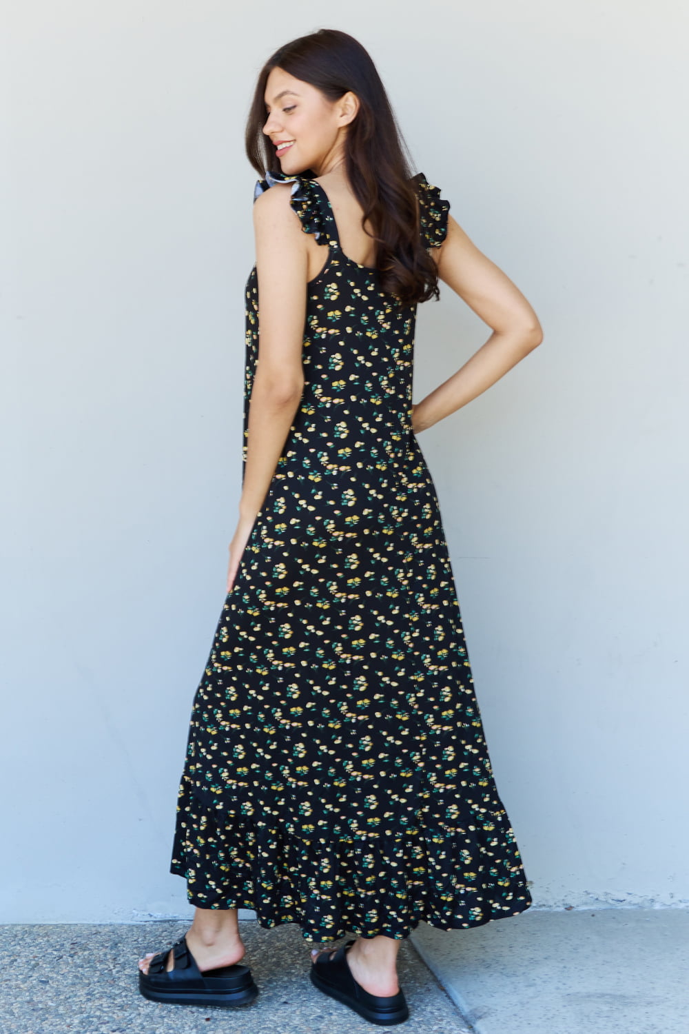 Doublju In The Garden Ruffle Floral Maxi Dress inBlack Yellow Floral