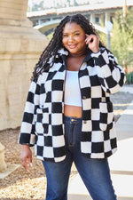 Double Take Full Size Checkered Button Front Coat with Pockets