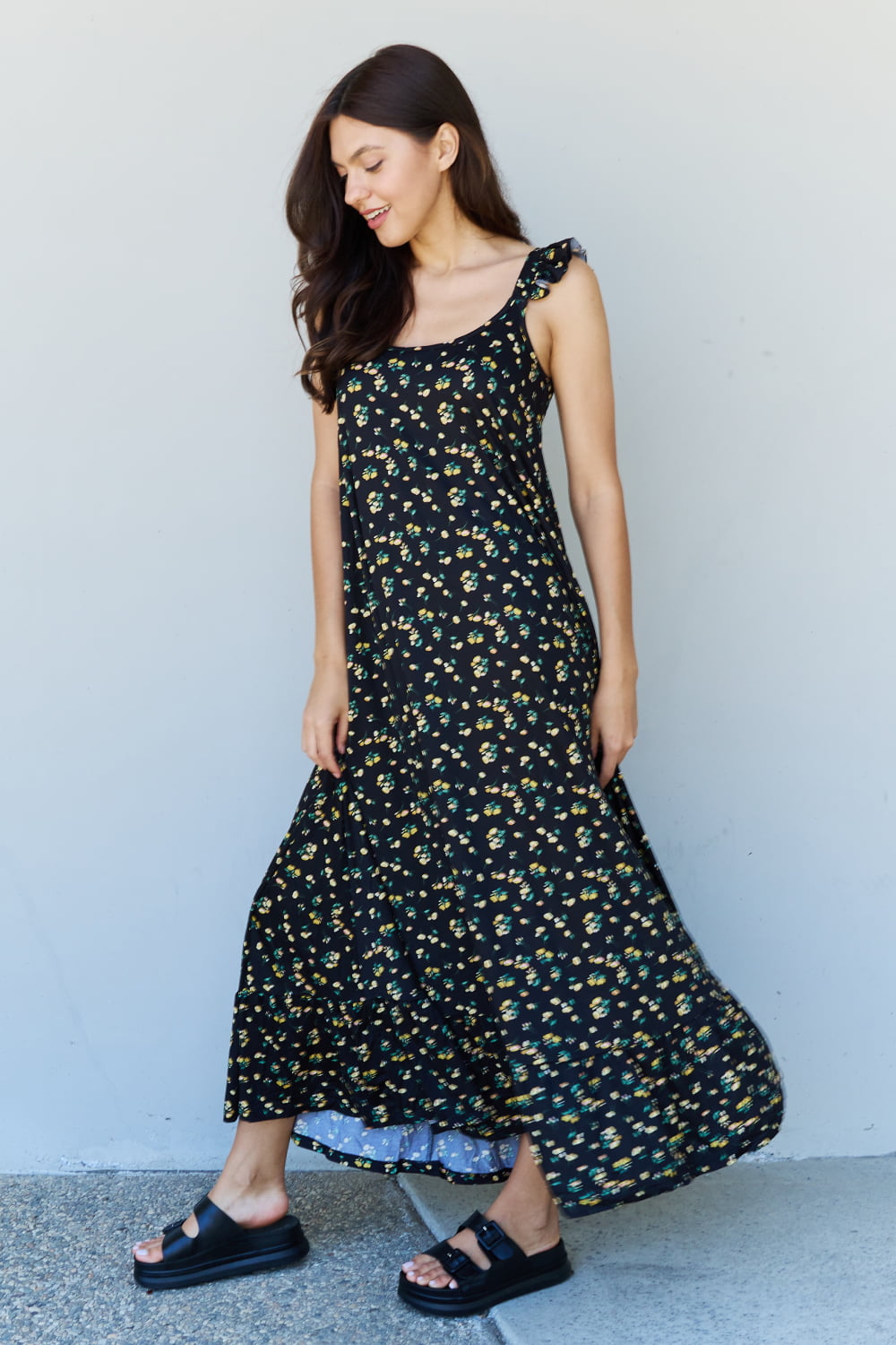 Doublju In The Garden Ruffle Floral Maxi Dress inBlack Yellow Floral