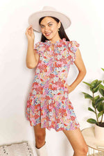 Double Take Floral Tie Neck Cap Sleeve Dress