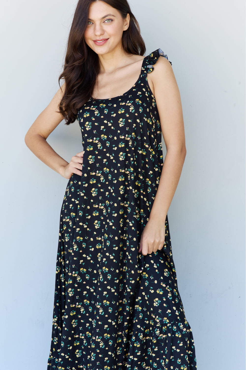 Doublju In The Garden Ruffle Floral Maxi Dress inBlack Yellow Floral