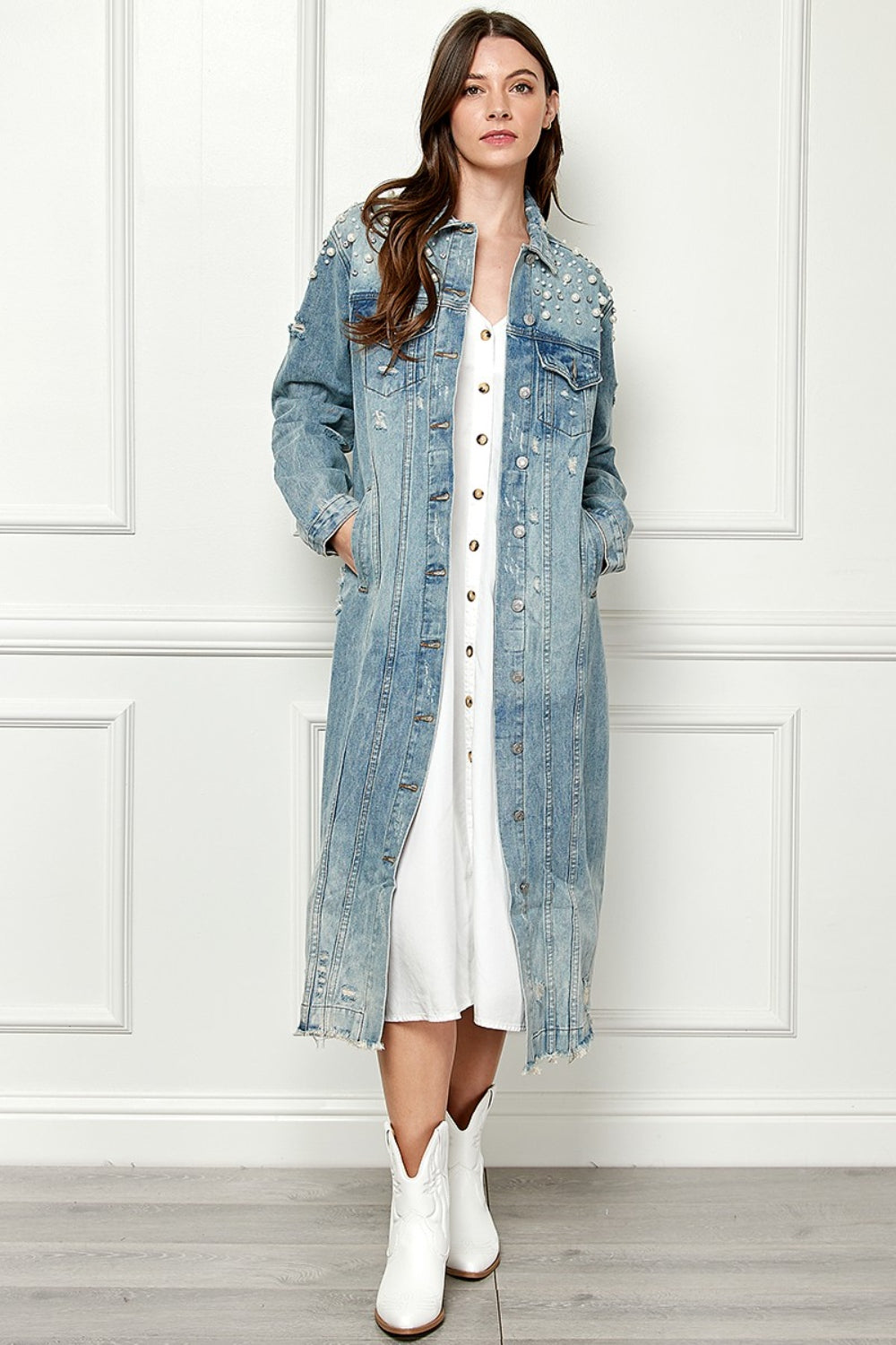 Veveret Full Size Distressed Raw Hem Pearl Detail Button Up Jacket