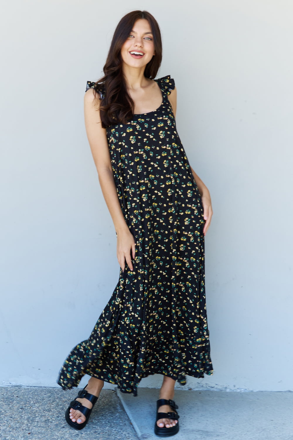 Doublju In The Garden Ruffle Floral Maxi Dress inBlack Yellow Floral